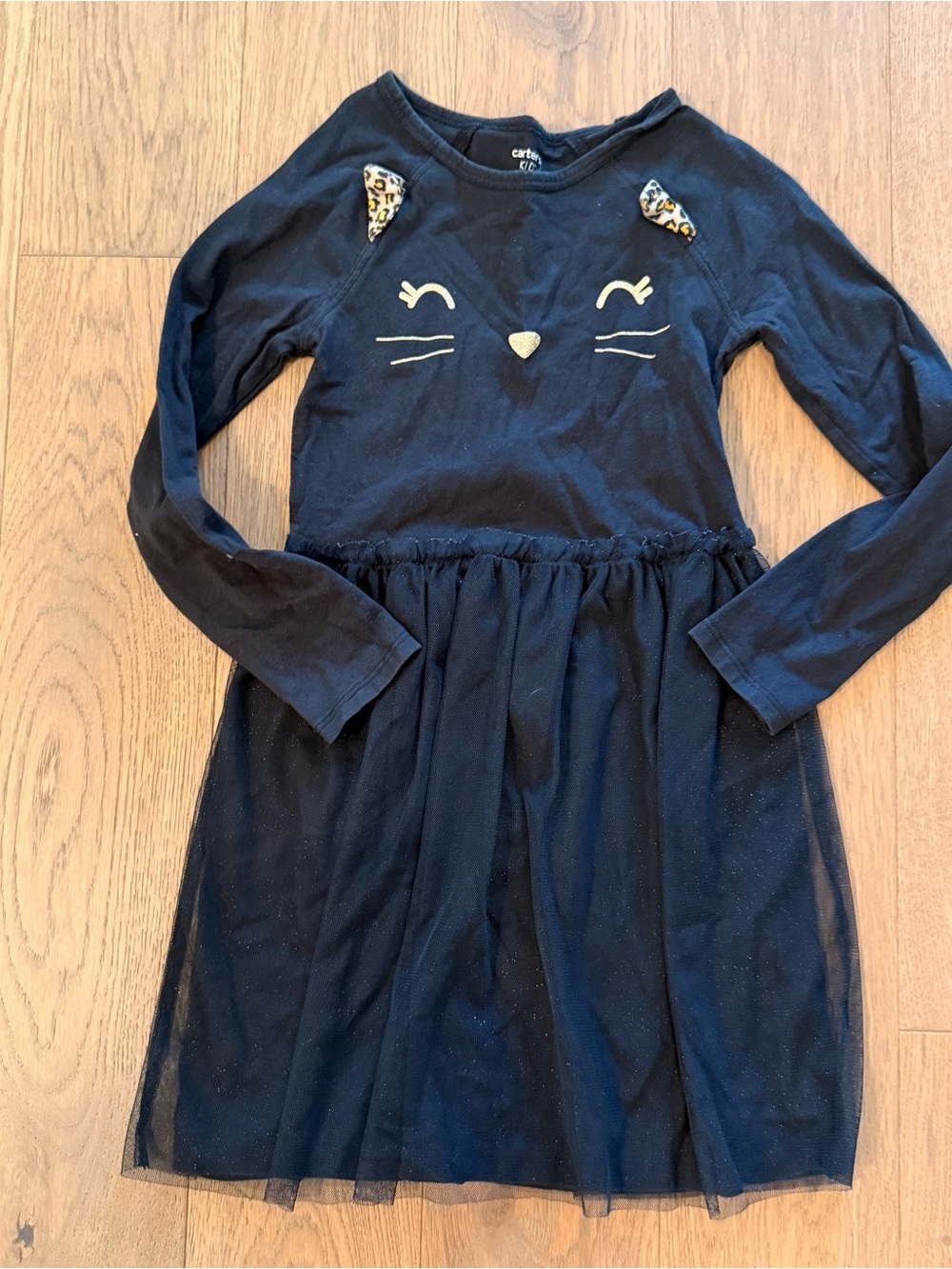 Carter's Black Long-Sleeve Cat Face Dress with Gold Accents